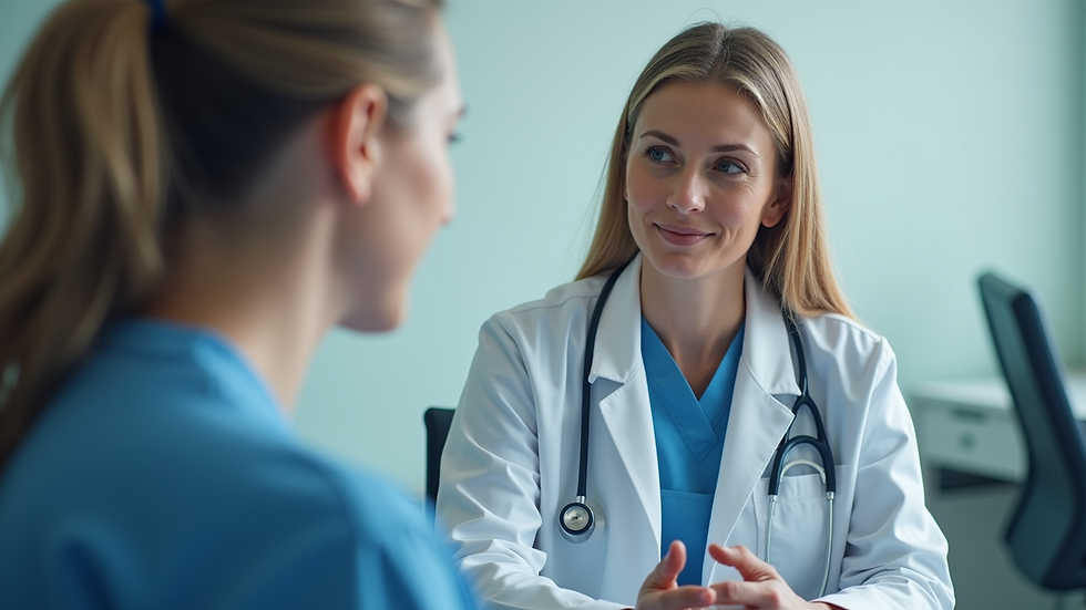 Close-up view of a healthcare provider consulting with a patient in a clinic room