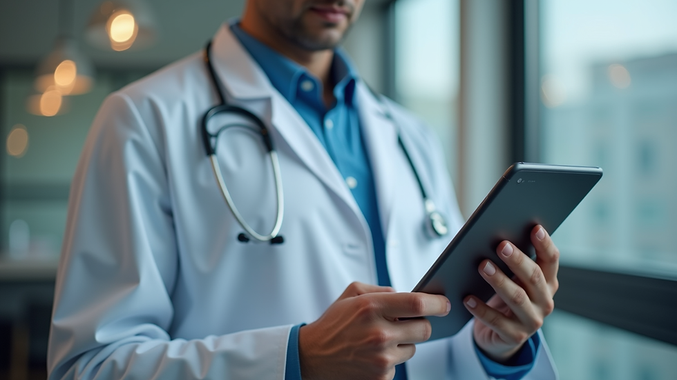 Close-up view of a doctor using a tablet for telemedicine consultation