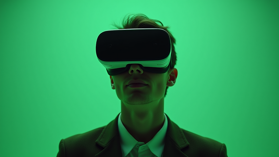 Close-up view of a person using a VR headset in a green space