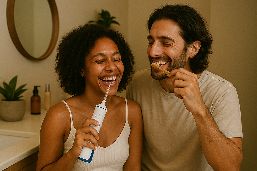 A happy couple in a bathroom, she holds a water flosser, and he uses a bamboo toothbrush. Neutral decor, warm lighting, cheerful mood.