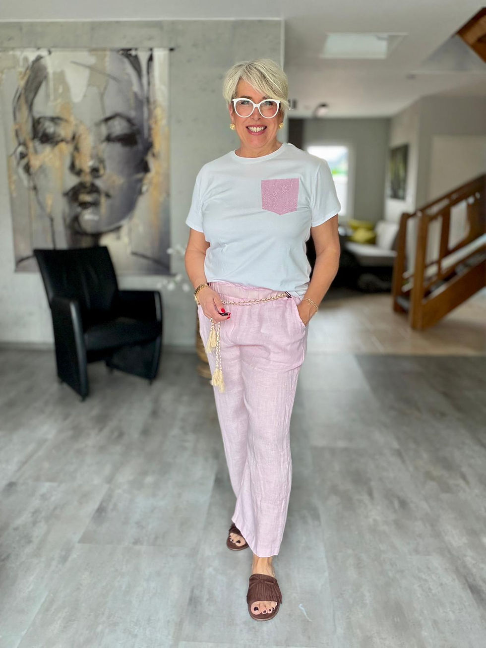 Miniaturbild: Hose Leinen mit Flechtgürtel Rosa