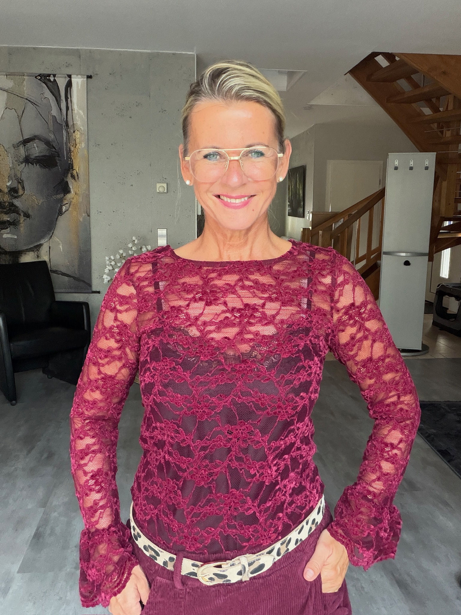 Langarmshirt Spitze Bordeaux