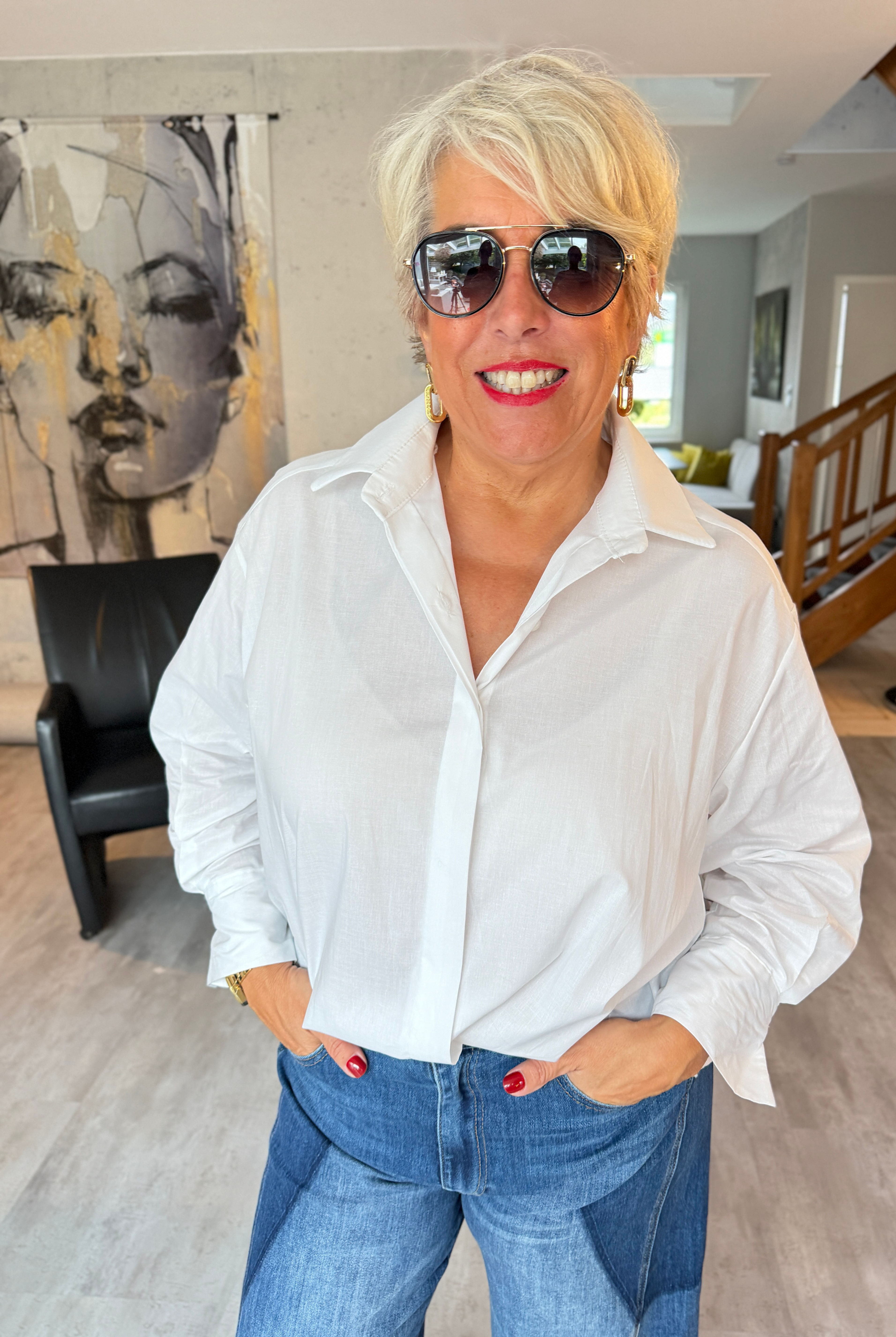 Bluse Oversize verdeckte Knopfleiste Weiß