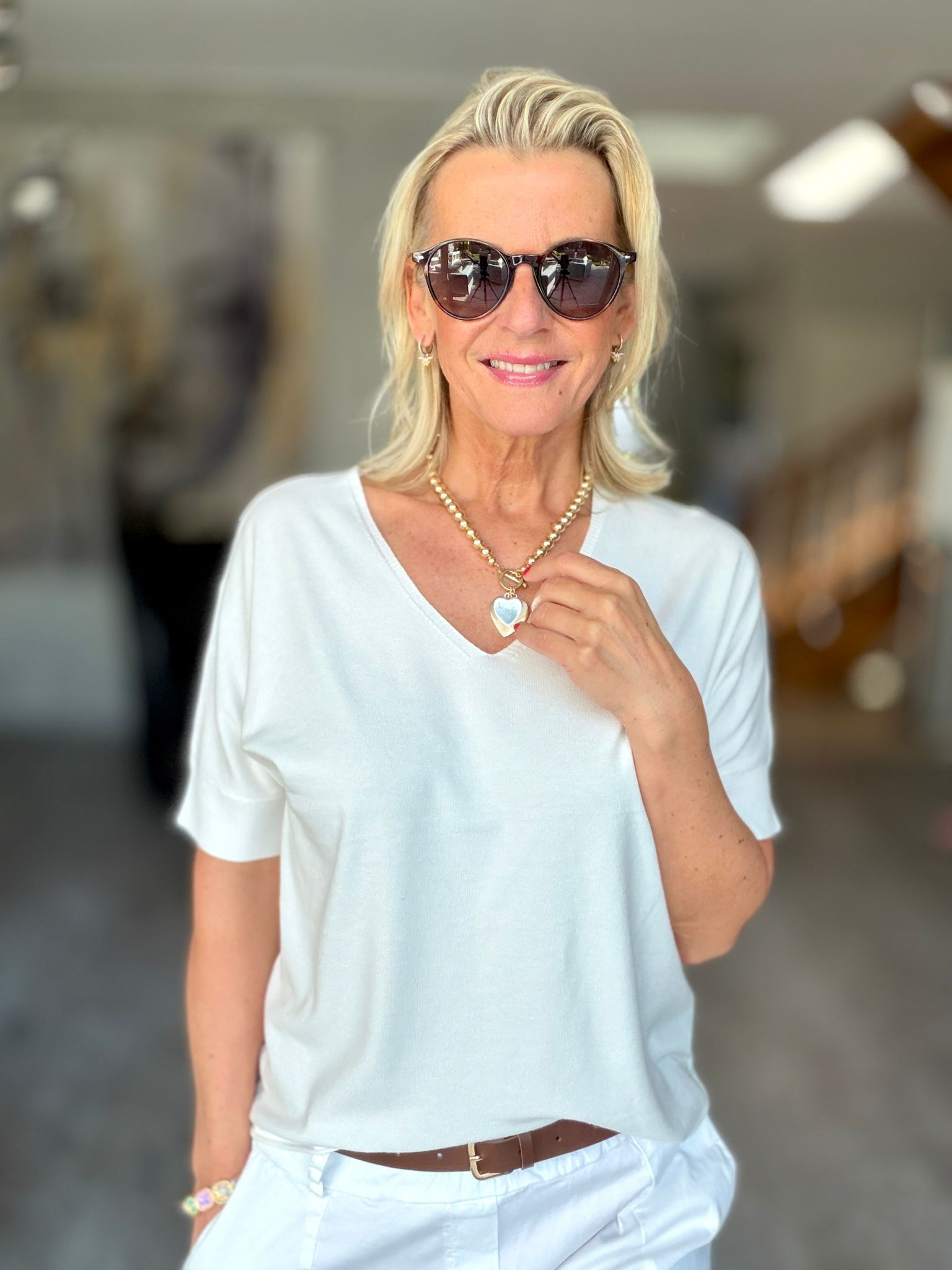 Strickpulli Kurzarm Rollsaum Weiß