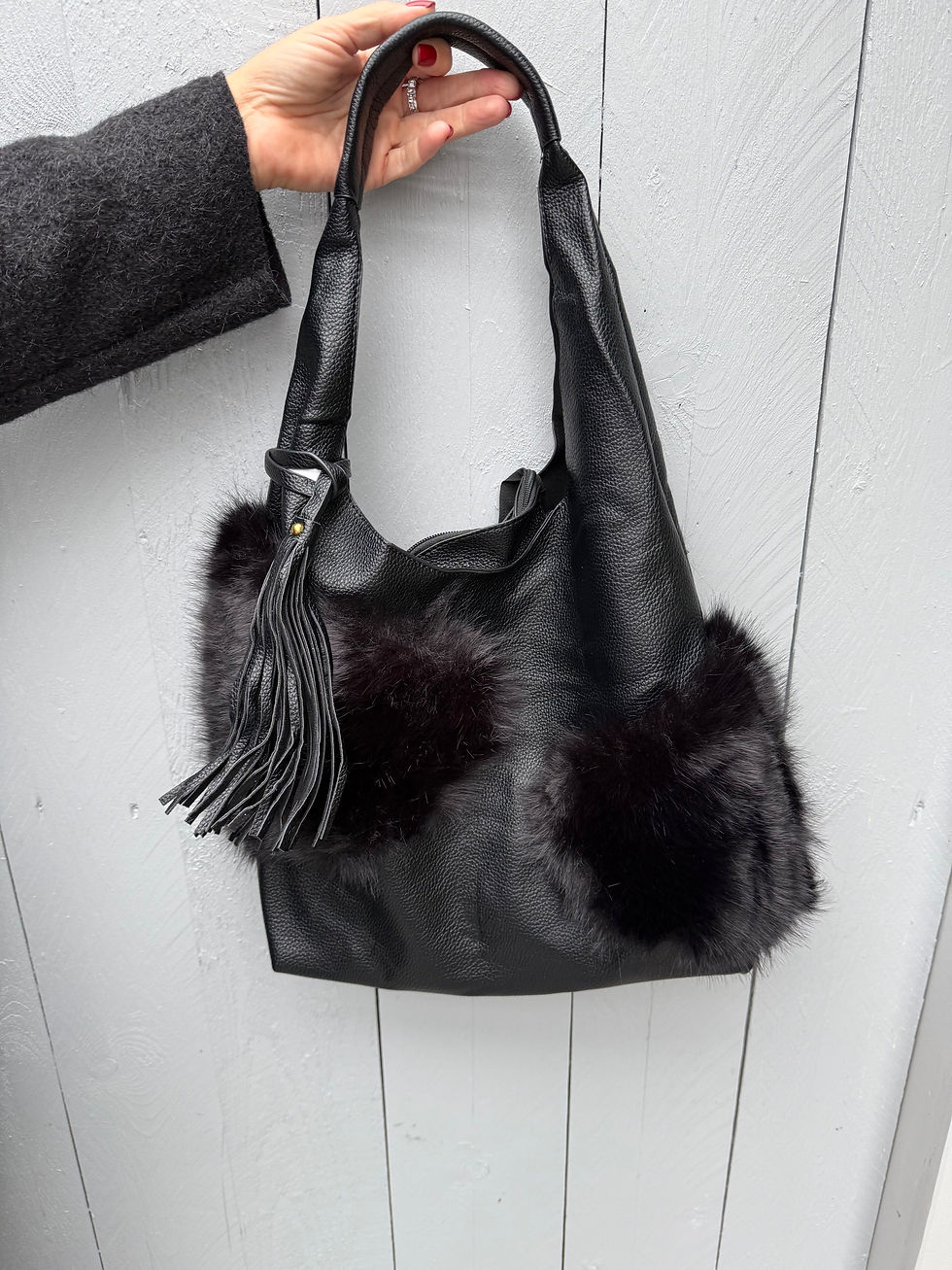 Tasche Leder-Kunstfell-Mix Schwarz
