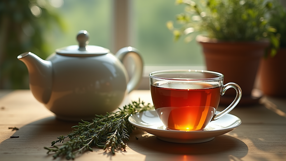 Eye-level view of a cozy tea setup with a teapot, cup, and fresh herbs