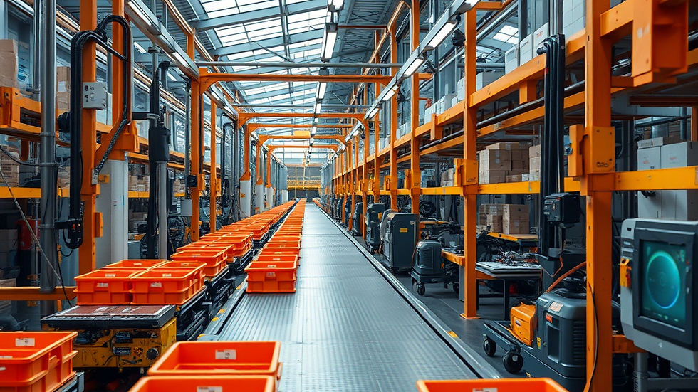 Wnętrze magazynu z pomarańczowymi skrzynkami na taśmie. Industrialne, jasne otoczenie z maszynami i regałami pełnymi kartonów.