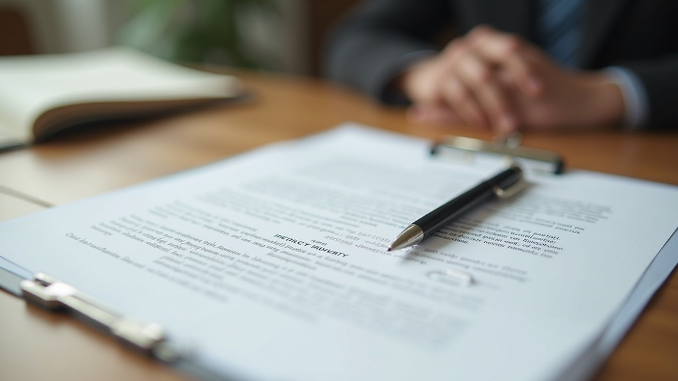 Close-up view of a legal document and pen on a wooden table
