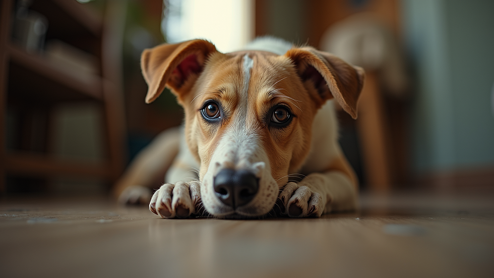 Eye-level view of a rescue dog in a cozy shelter environment
