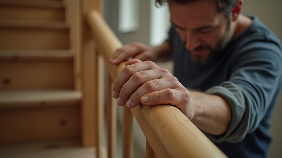 Close-up view of a craftsman shaping a wooden staircase handrail