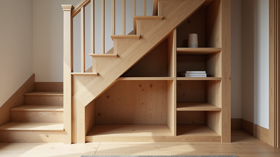 Eye-level view of bespoke wooden under stairs storage with integrated shelves