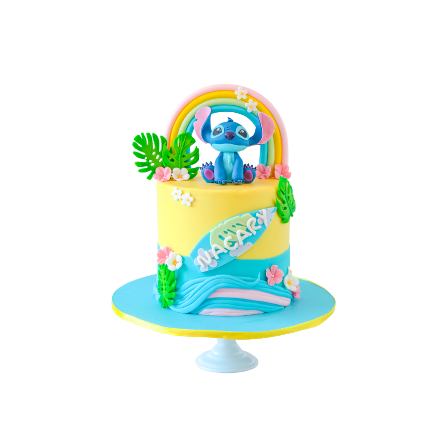 Pastel de cumpleaños inspirado en Lilo & Stitch, de un nivel con figura de Stitch en fondant en la cima