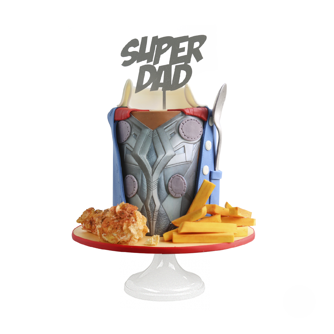 Pastel de día del padre con diseño de armadura de Thor y accesorios tecnológicos.