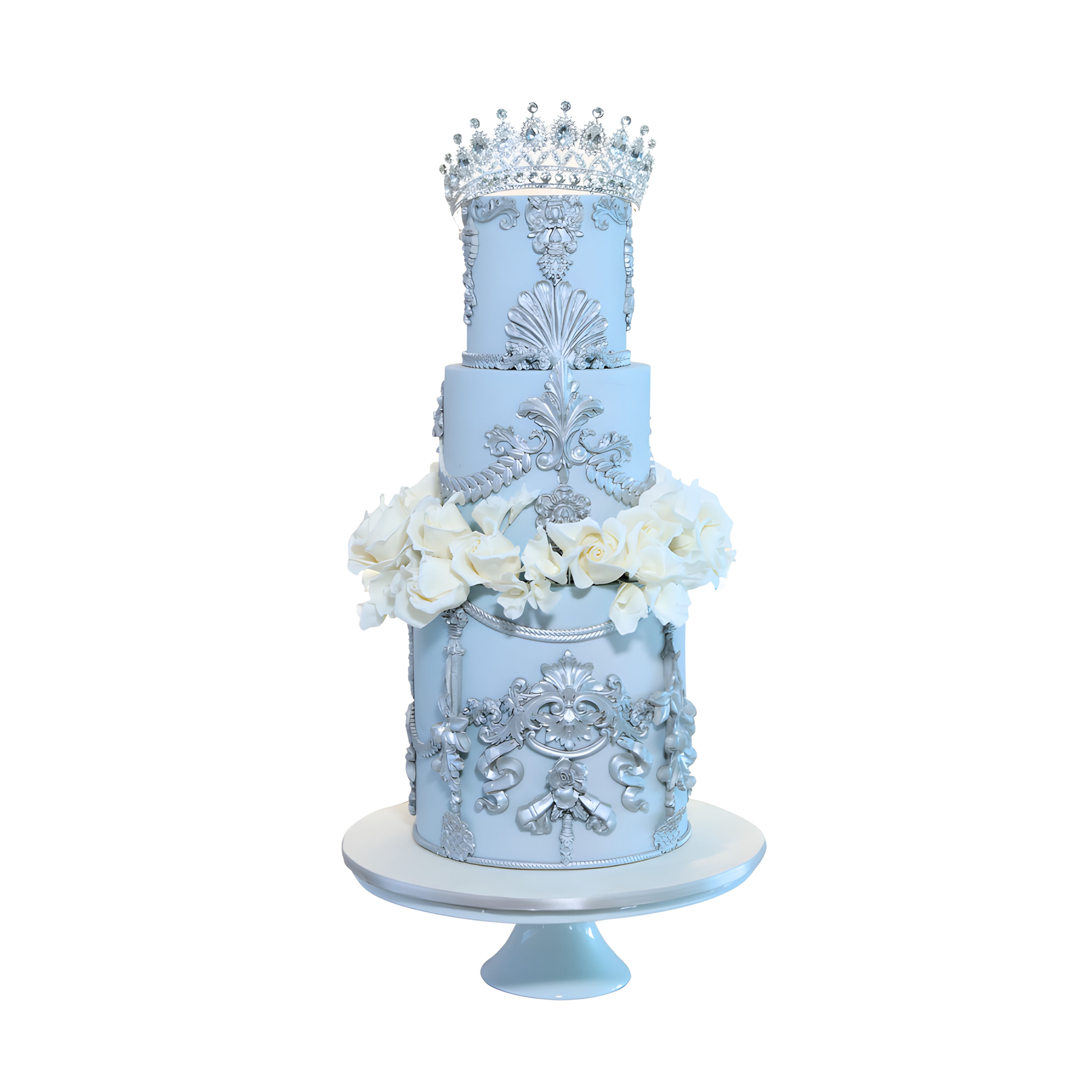 Pastel de XV años con un majestuoso diseño imperial en tono azul empolvado.