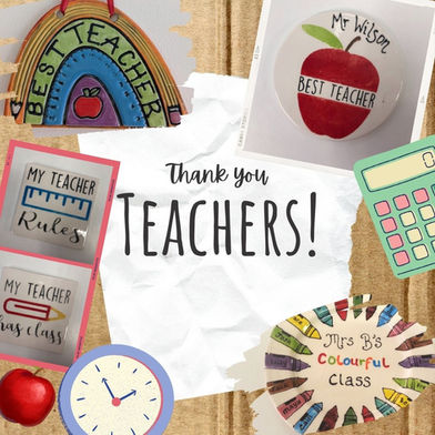 A range of teachers gift ideas including coasters and a plate.