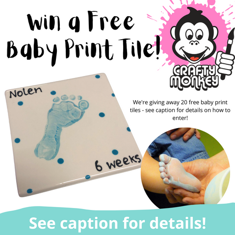 Advertising a free giveaway for a baby handprint or footprint on a tile.