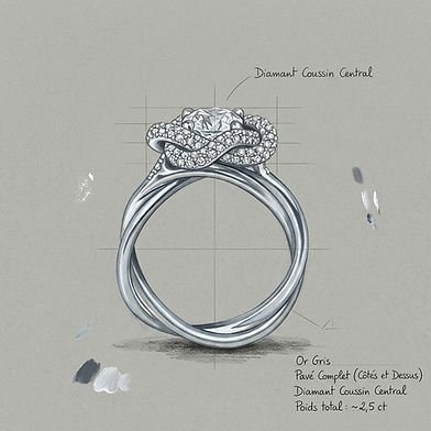 Gouaché joaillerie bague de fiançailles sur mesure étude solitaire diamant pavage joaillier designer Paris 9e BEL-AMI