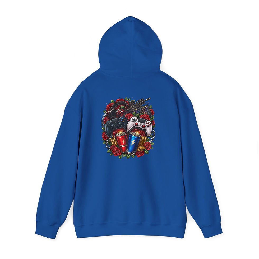 Thumbnail: Back of blue Gamer Loot Pullover with gaming controllers graphic