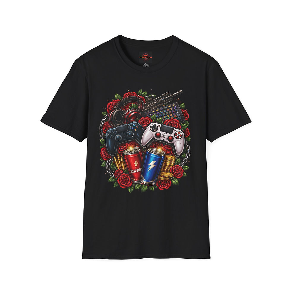 Black Gaming Loot T-Shirt with controllers and roses