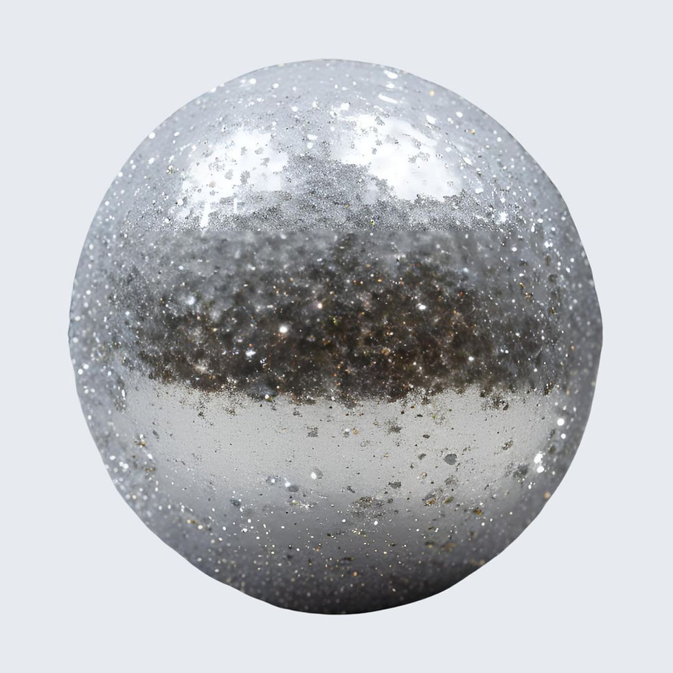A glittery silver bath bomb with a disco-ball effect, dissolving into vibrant neon swirls for a fun, celebratory bath.