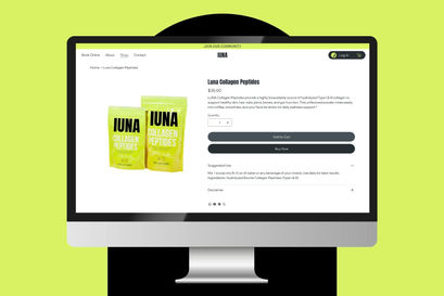 Screenshot of the Luna Wix Studio template product page displaying bold neon accents, a modern supplement shop layout