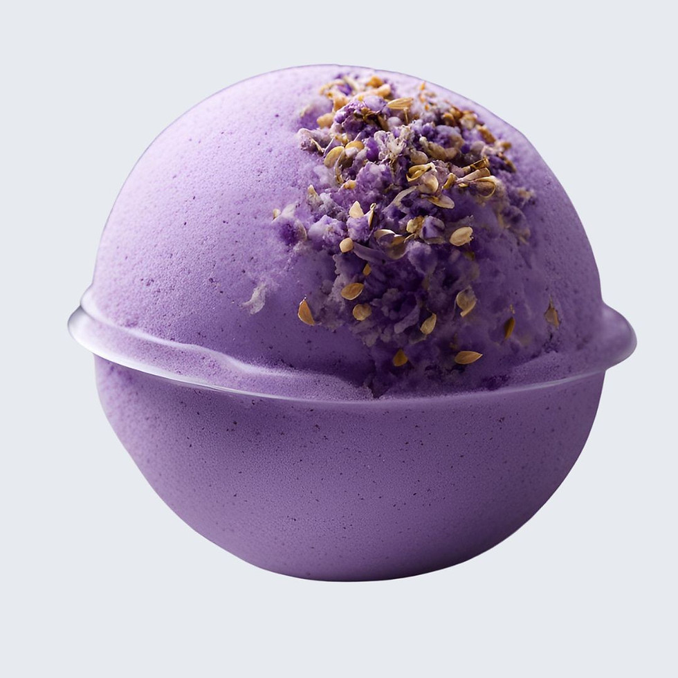 A deep purple and lavender bath bomb infused with dried lavender buds for a soothing and relaxing bath.