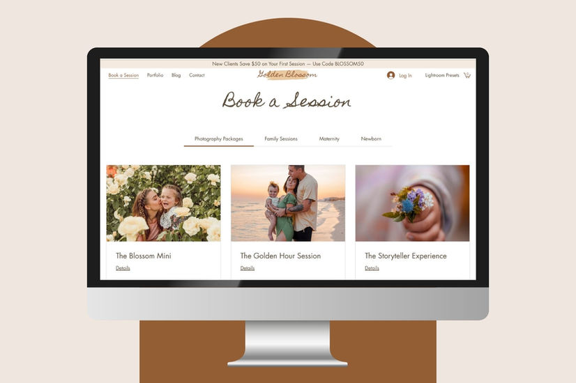 Golden Blossom booking page featuring an online scheduling form, session add-ons, contact details, and a simple, user-friendl