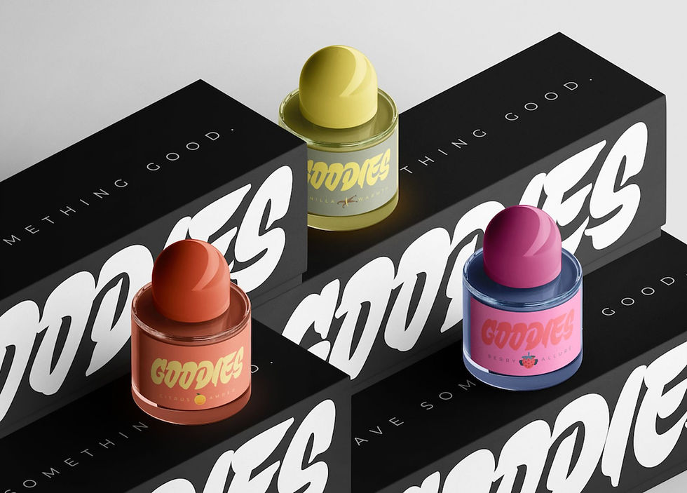 old packaging design for Goodies perfume brand created by Collette Collabs, featuring modern brand identity and graphic design.
