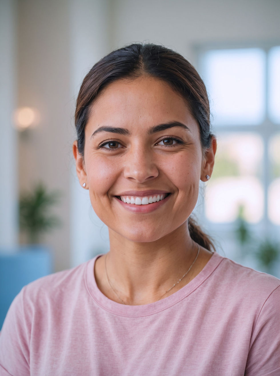 Smiling woman wearing pink shirt, looking directly at the camera with joy.
