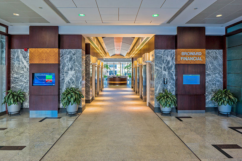 Interior elevator view at Broward Financial Centre, 500 E Broward Blvd, Downtown Fort Lauderdale, featuring sleek modern design and polished finishes.