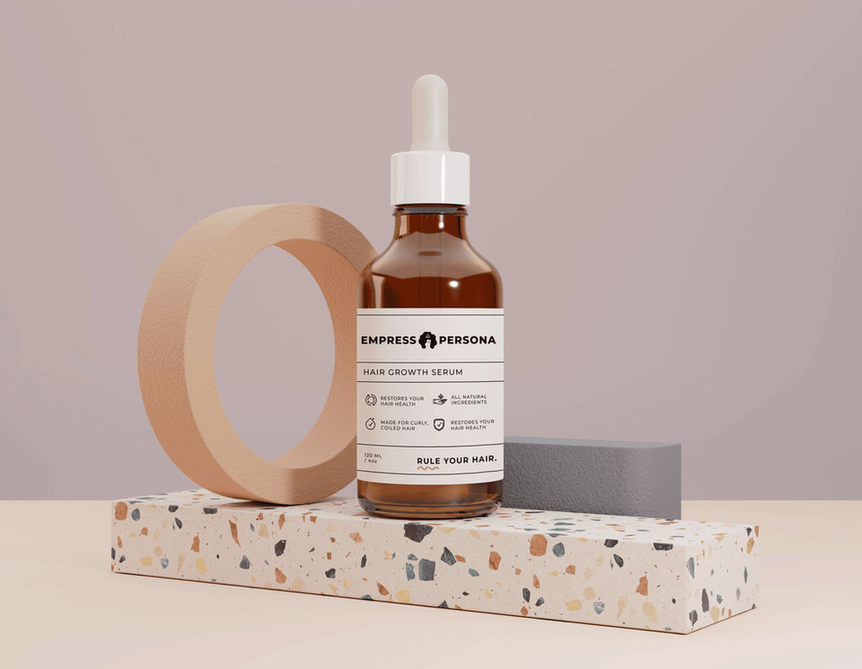 Empress Persona hair growth serum packaging mockup featuring a dropper bottle on a terrazzo block with minimalist product design. Suitable for curly, coiled hair and made with all-natural ingredients.
