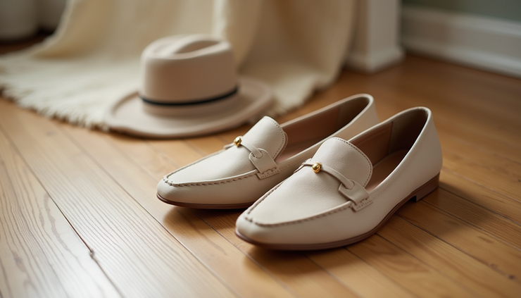 Close-up view of neutral-toned shoes and accessories arranged on a wooden floor