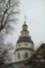 Maryland State House dome with bare trees