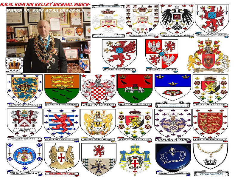 Collage of Crest Shields of Arms with picture for Emperor King Sir Kelley Michael Simich o