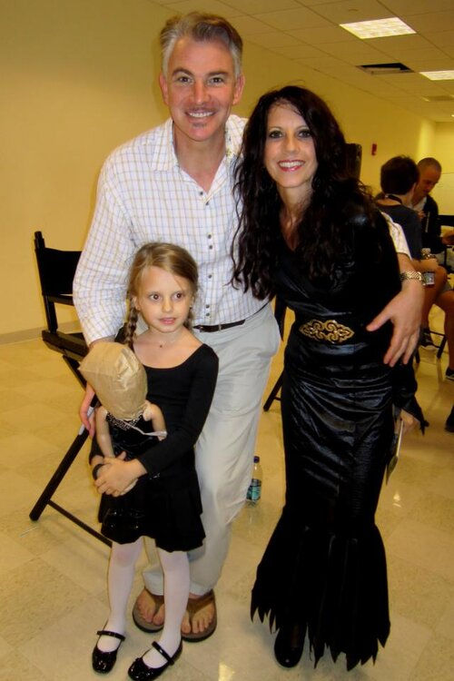 Douglas Sills (prior to his Halloween performance as Gomez Addams in the tour of The Addams Family), me as Morticia and Kayla as Wednesday.