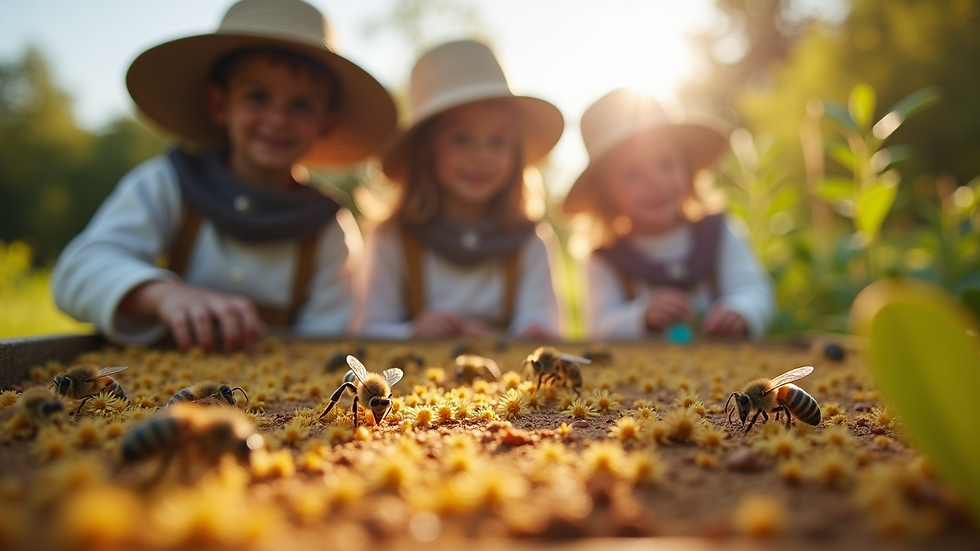 Eye-level view of kids learning about bees at Popovi farm