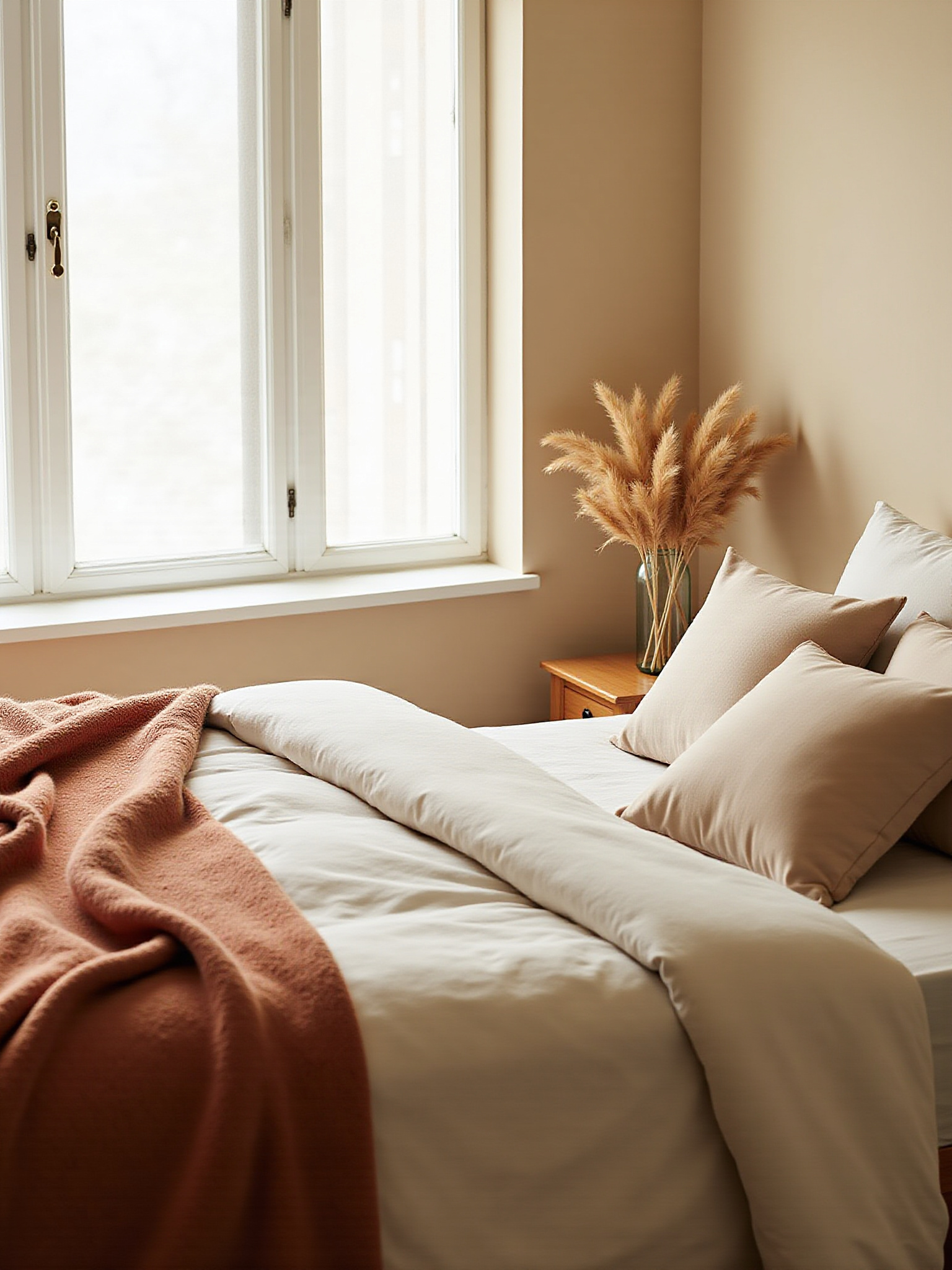 Cozy bedroom with beige linens and throw