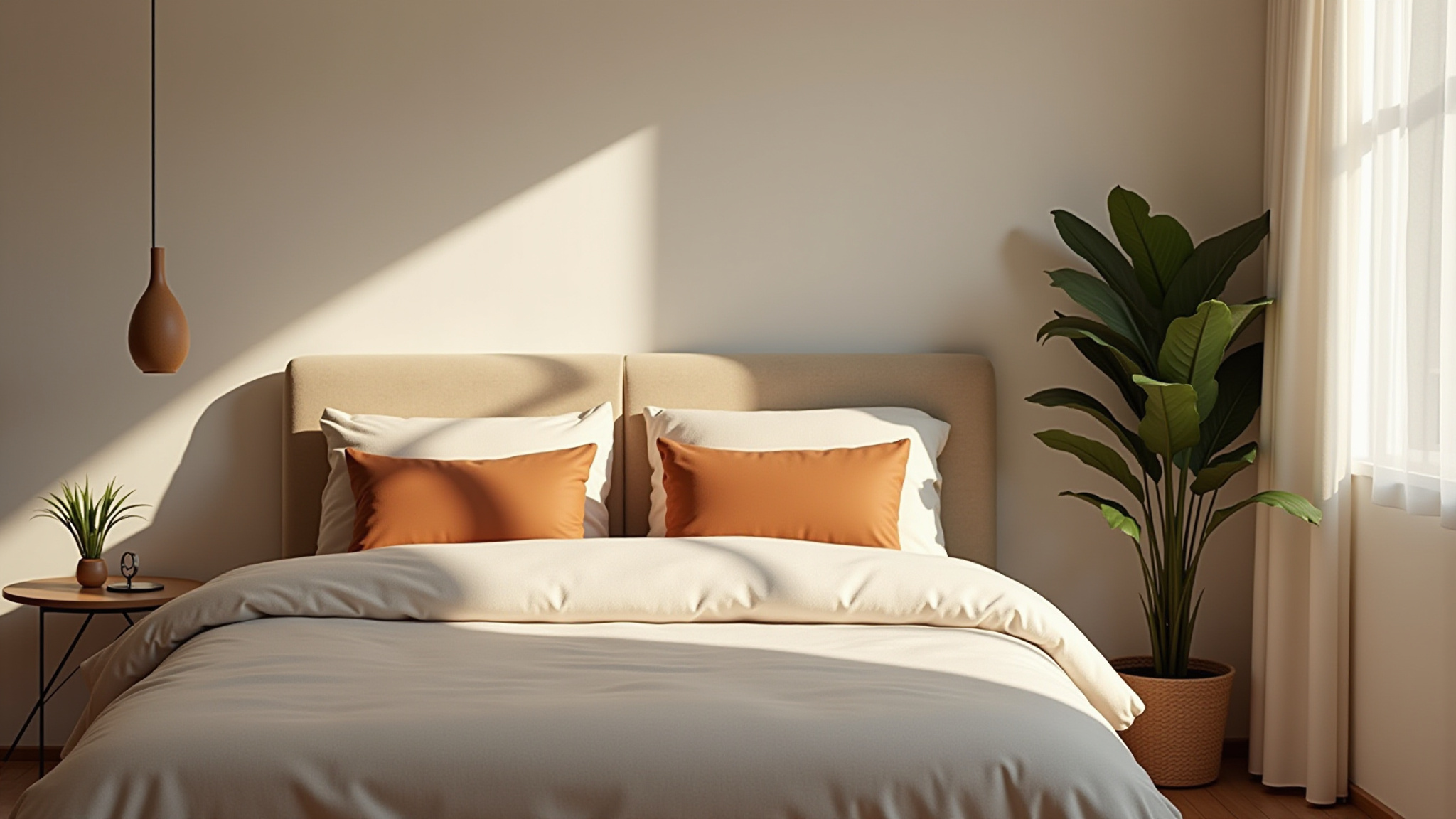 Beige bedroom with burnt orange pillows