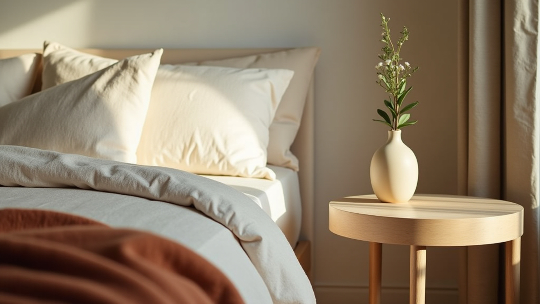 Cream bedding, vase, bedside table