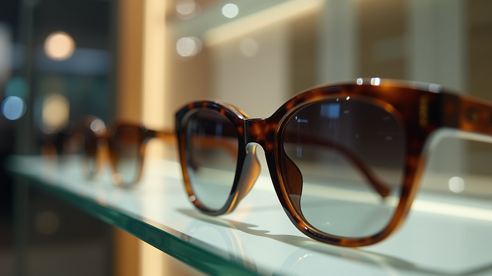 Eye-level view of luxury eyewear displayed on a sleek glass shelf