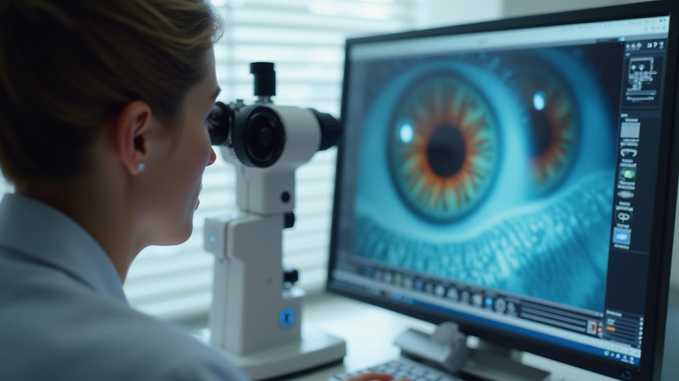 Eye-level view of an optometrist using digital retinal imaging equipment