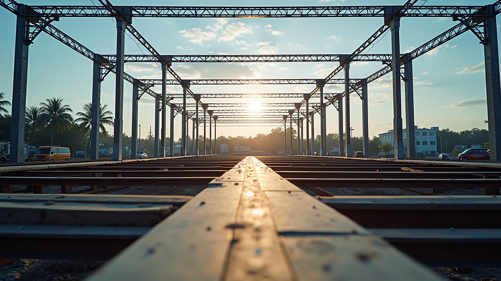 Eye-level view of a steel frame structure under construction