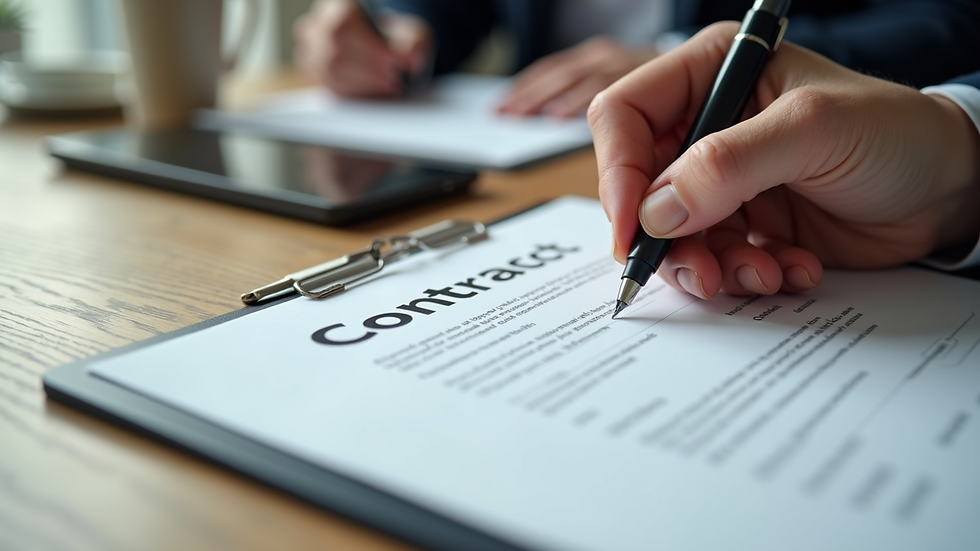 Close-up view of a contract being reviewed with a pen on a wooden table