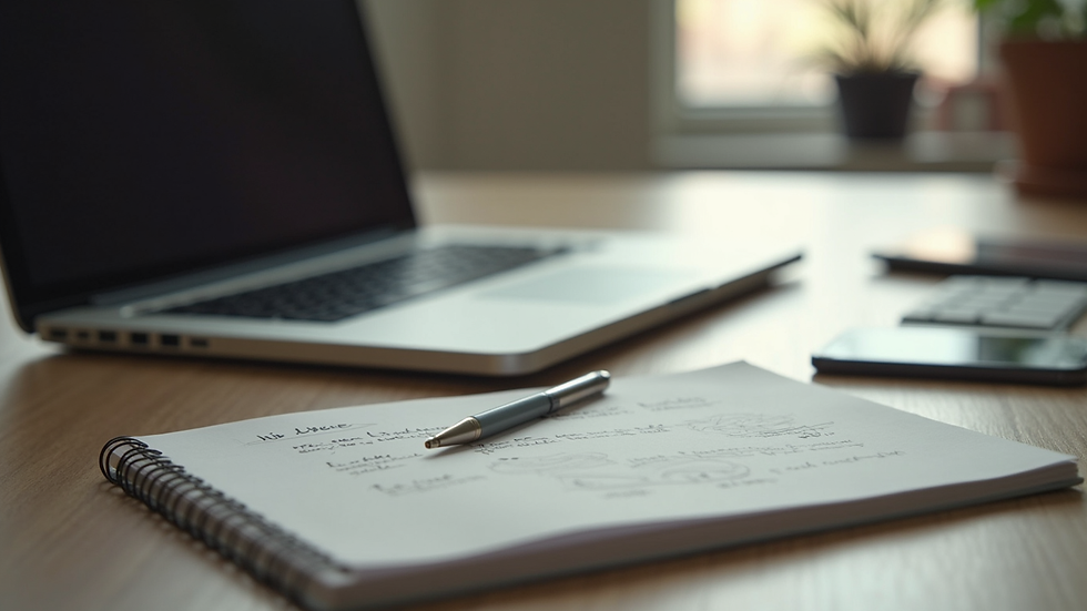 Eye-level view of a creative workspace with a laptop and notes