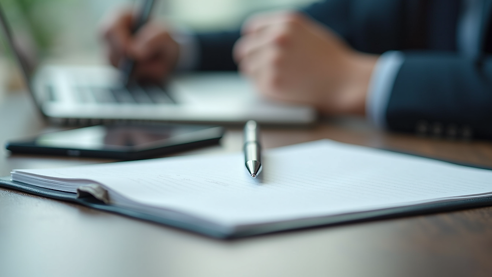 Close-up view of a consultant’s desk with a notebook, pen, and smartphone