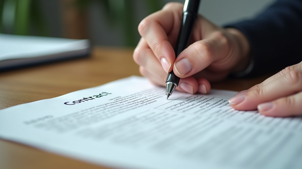 Close-up view of a contract being reviewed with a pen on a wooden table