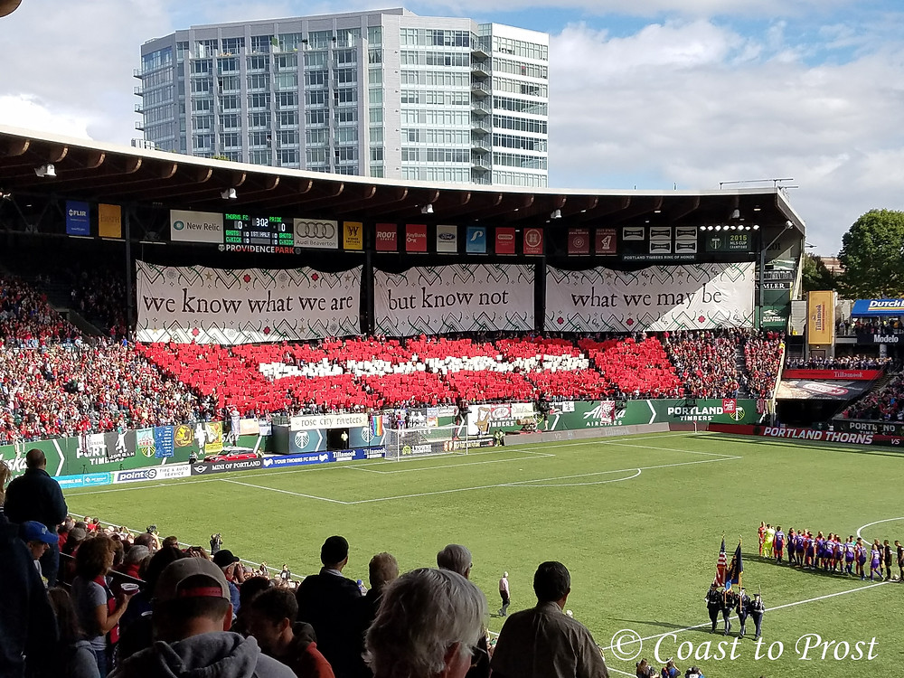 Portland Thorns soccer supporters fans cheer on team before start of match