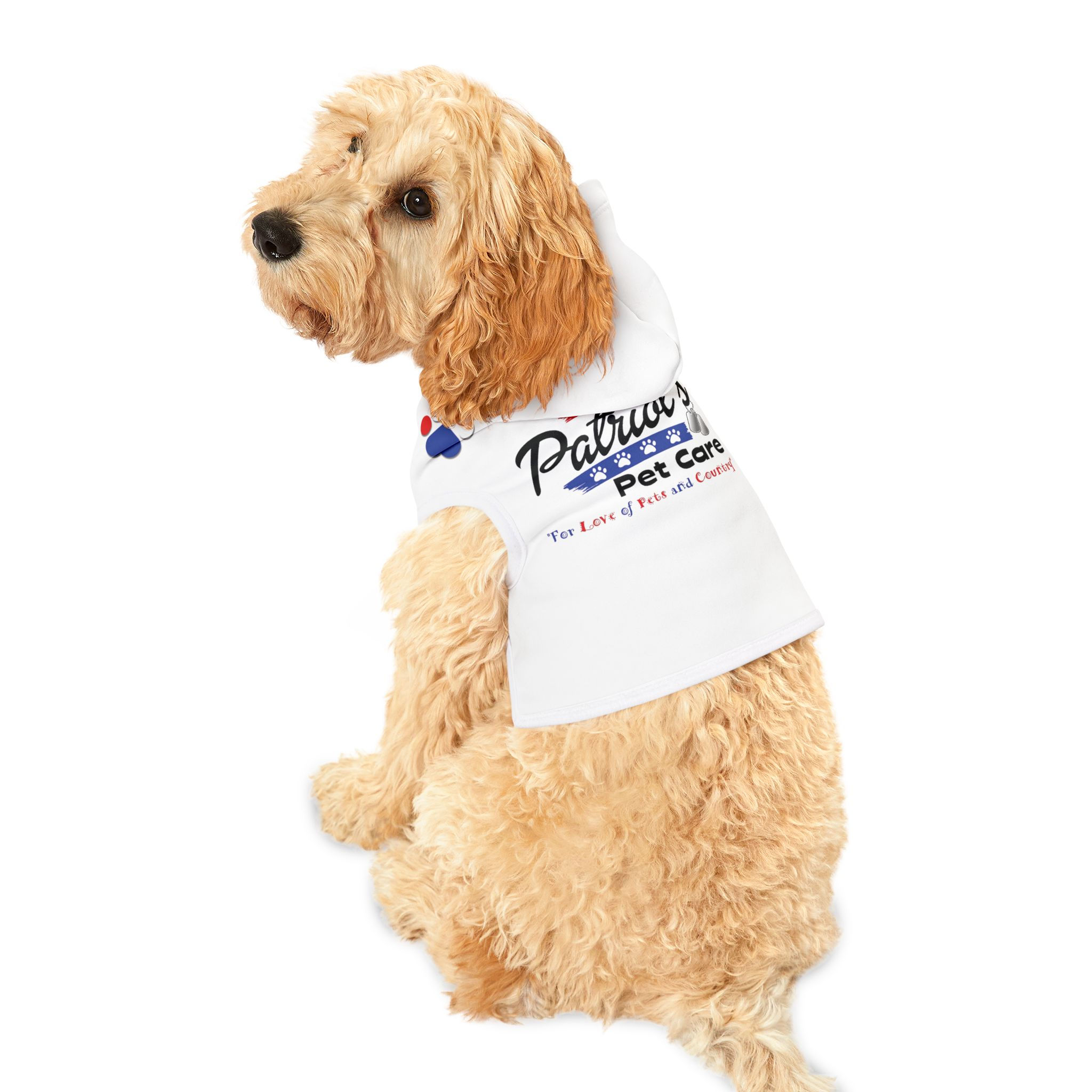 Light brown dog sits, white shirt, Pawsitive Vibes Pet Care logo.