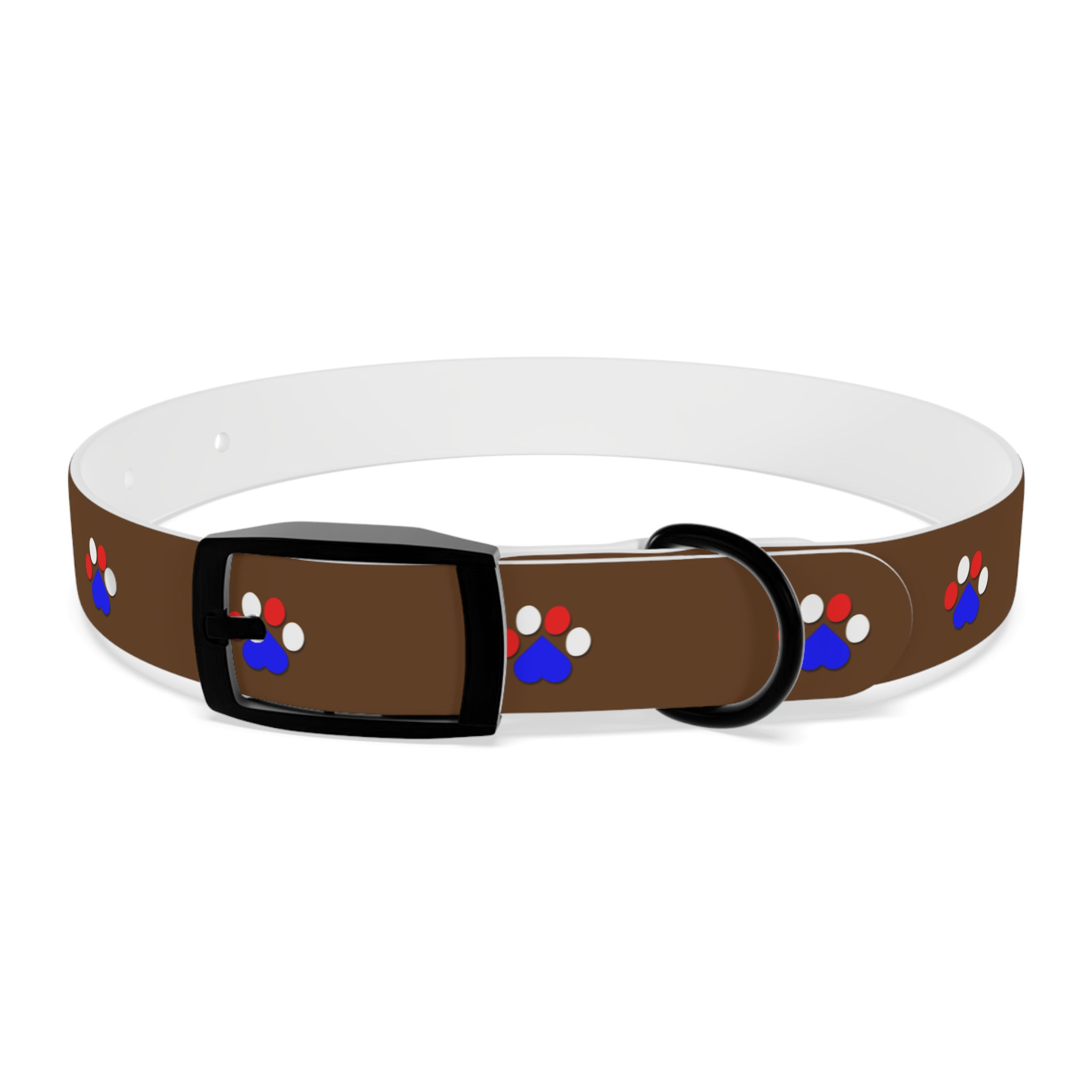 Brown dog collar with blue and red paw print pattern, black buckle, D-ring.