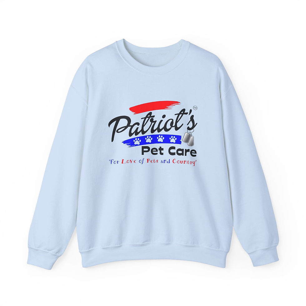 Thumbnail: Light blue sweatshirt, "Patriot's Pet Care", "Where pets are treated like family"